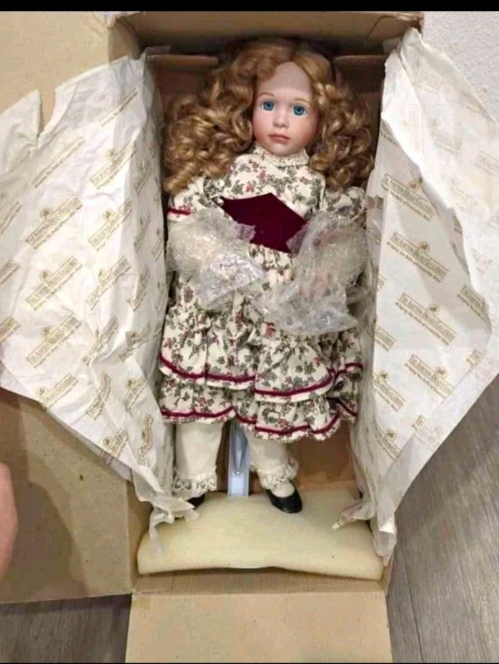 Porcelain Doll in Cream Floral Dress with Burgundy Accents